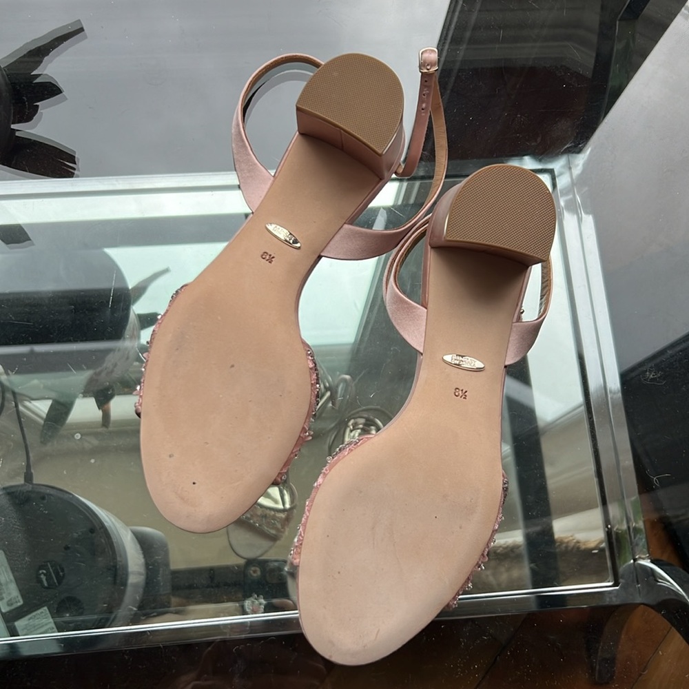 Badgley Mischka Pink Satin Floral Crystal Block Heel Sandals - Picture 2 of 13